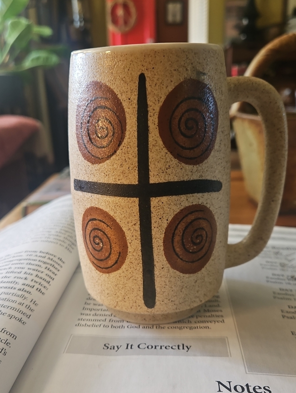 Handcrafted Ceramic Mug in Tan with Brown Spiral Motif